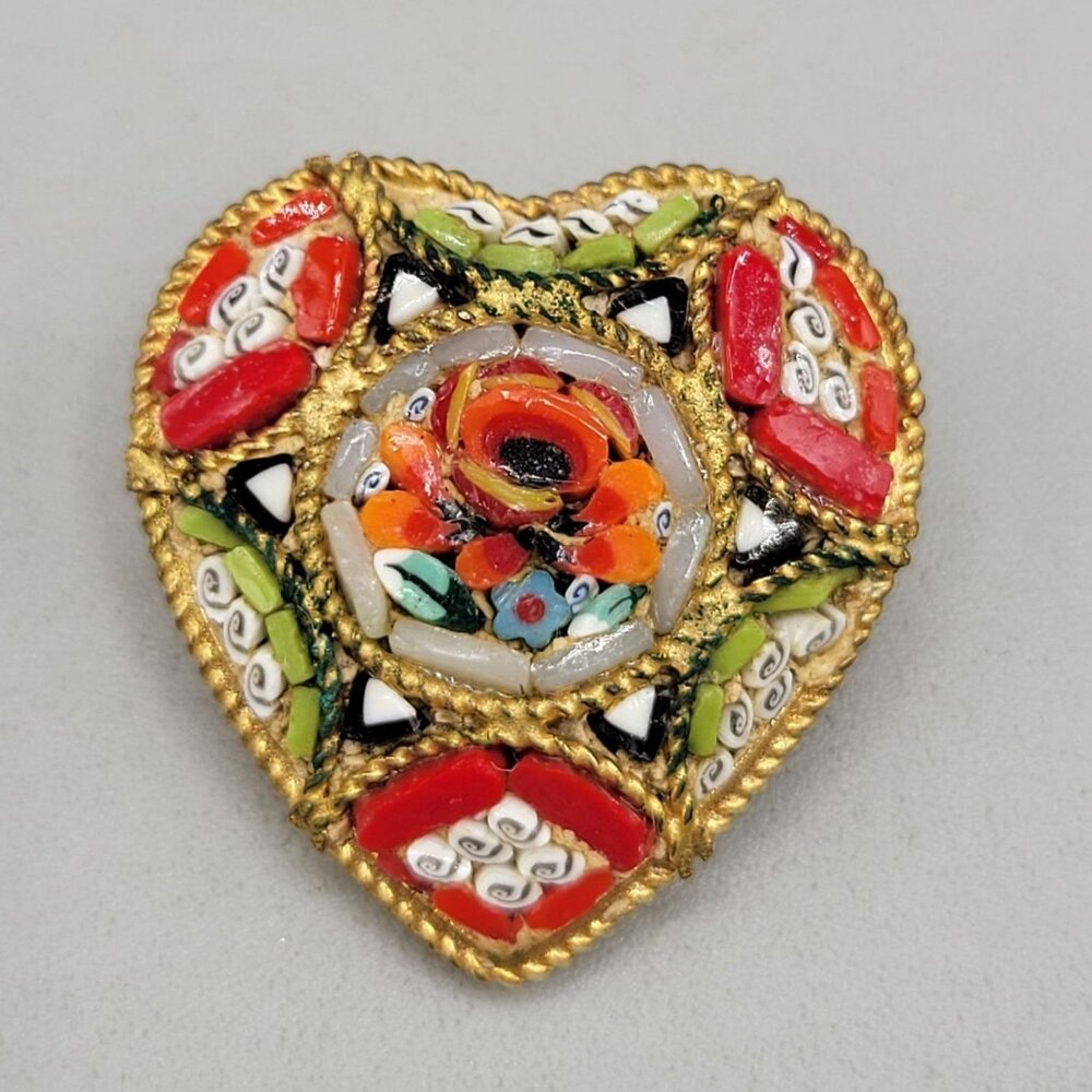 Vintage Italian Micro Mosaic Heart Shaped Brooch Pin Floral Design Brass